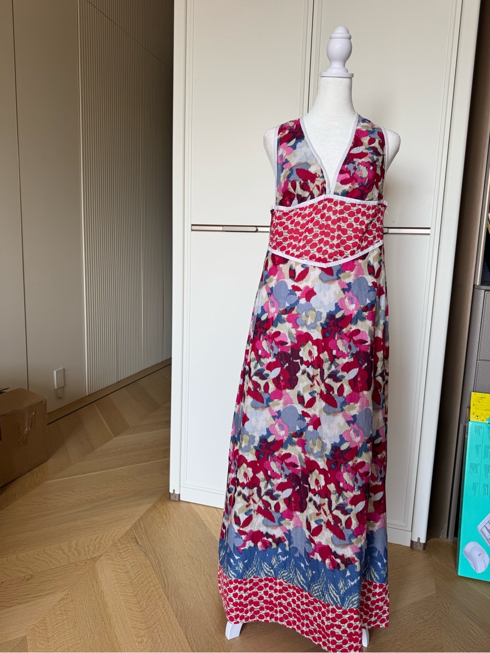 Floral Pink Halter Midi Dress with Contrast Waistband
